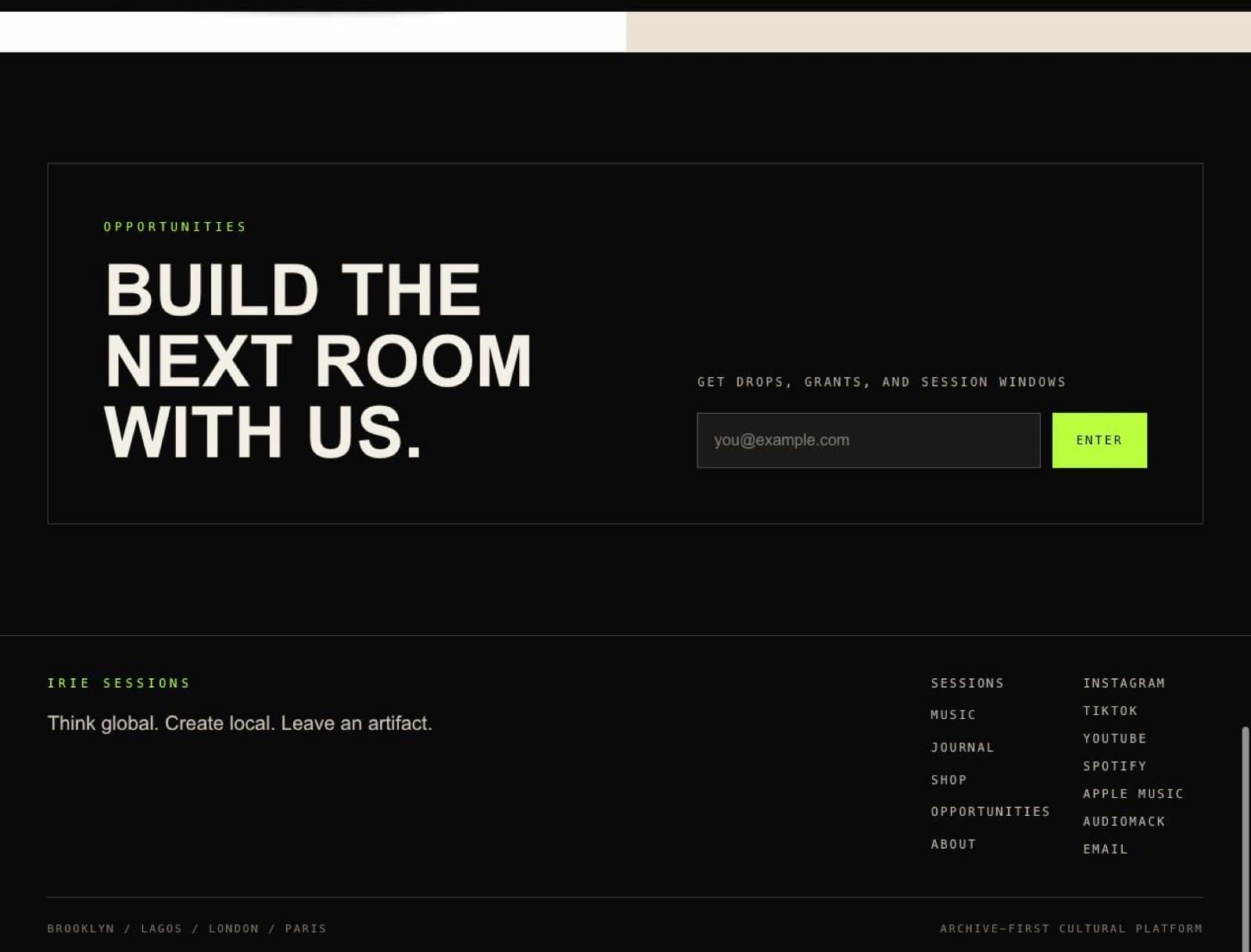 Irie Sessions opportunities and footer section